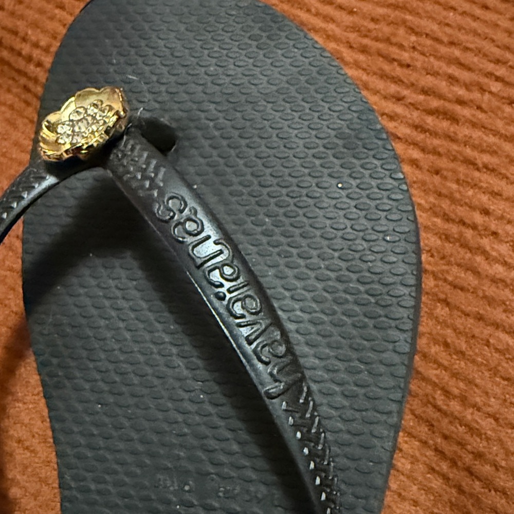 Havaianas Black and Gold Women's Flip Flops, crystal flower design - Picture 6 of 8